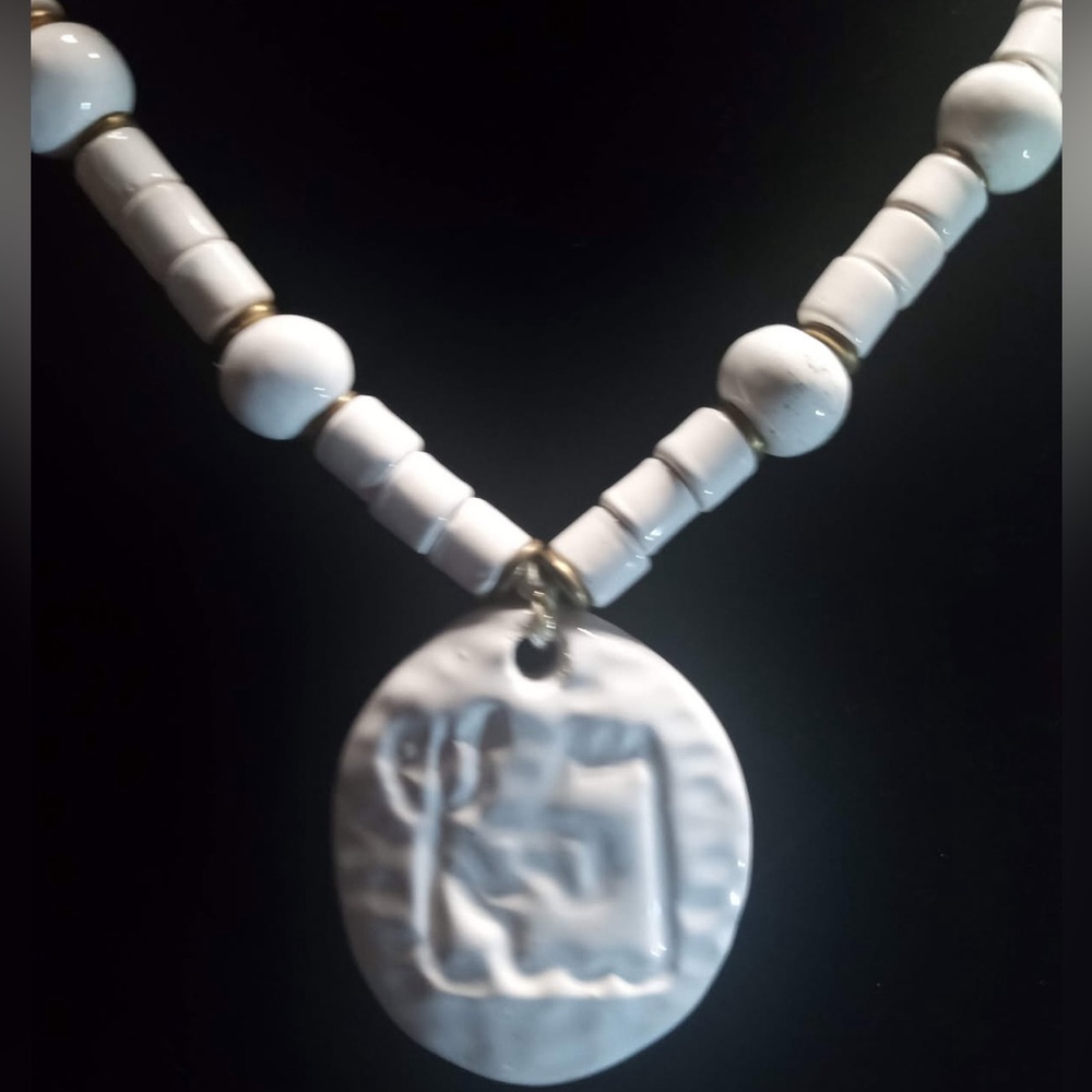 Vintage Ceramic White Gloss Beads and Hieroglyphics Pendant Necklace - Picture 2 of 3